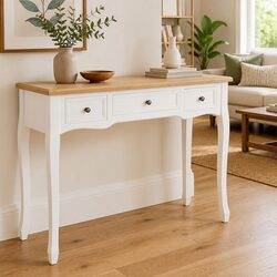 Compact White Console Table Featuring 3 Storage Drawers