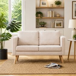 2-Seater Fabric Sofa in Cream with Wooden Frame