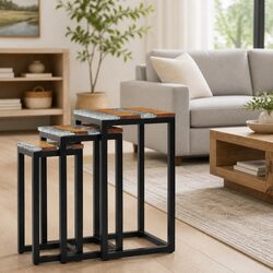 Stackable 3 Piece Nesting Tables with Teak and Glass Top