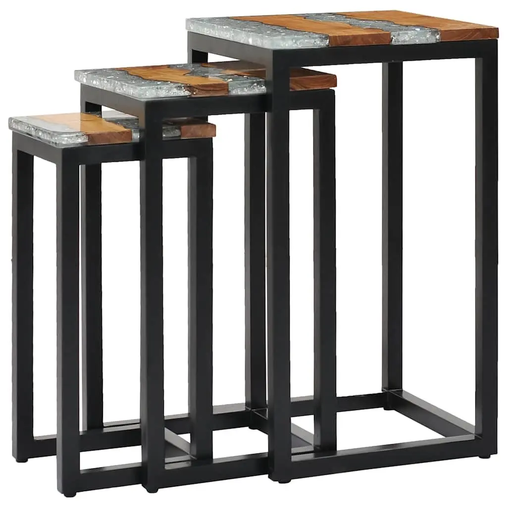 Nesting Tables Stackable Compact 3 Piece Set Brown Wood Glass Accent Furniture