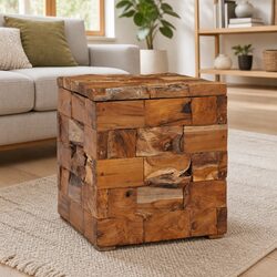 Compact Teak Wood Storage Stool with Mosaic Detail