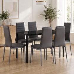 7-Piece Dining Set with Tempered Glass Table and 6 Chairs