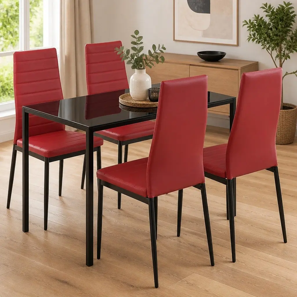 Five Piece Dining Set Modern Comfort Wine Red Tempered Glass
