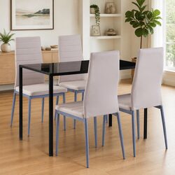 5-Piece Dining Table Set: Glass Top with 4 Beige Chairs