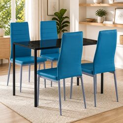 5-Piece Dining Set with Blue Glass Top and Faux Leather Chairs
