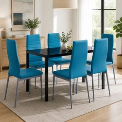 7 Piece Dining Table Set with Glass Top and Faux Leather Chairs