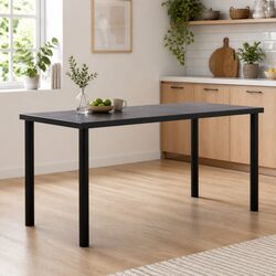 Modern Black Dining Table with Wood Grain Top 160x80x75cm