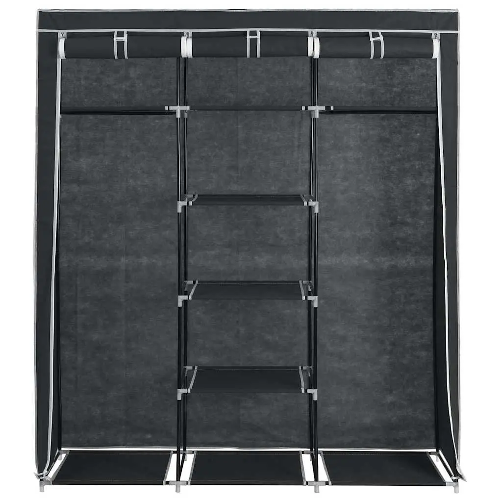 Portable Wardrobe Cabinet Black Nonwoven Fabric Large Storage Organizer with Compartments and Rods 150x45x175cm