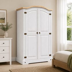 Solid Pinewood 2-Door Storage Wardrobe with Black Hardware