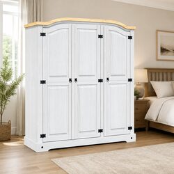 3-Door White Wooden Wardrobe with Pine Construction