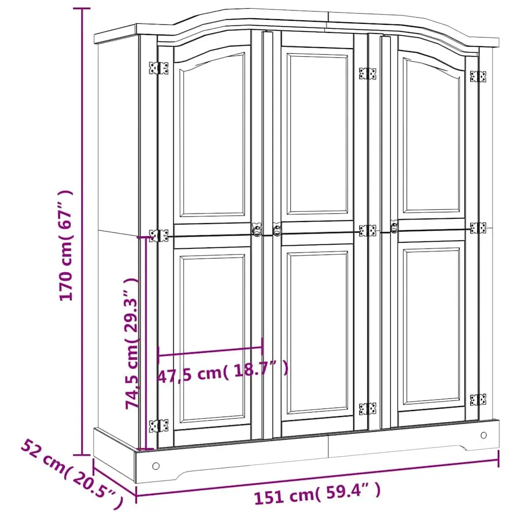 3-Door Wooden Wardrobe with Multiple Compartments White Pine Cabinet