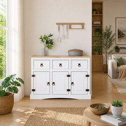 Solid Pinewood Sideboard with 3 Doors and Drawers