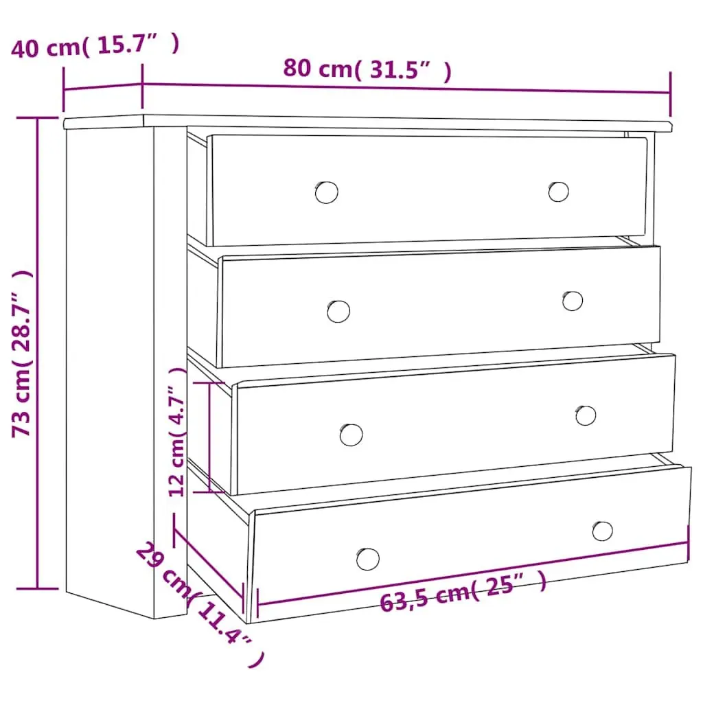 Pine Side Cabinet Storage with 4 Drawers White 80x40x73cm Sturdy Display Tabletop