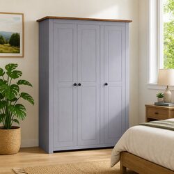 3-Door Grey Wardrobe with Hanger Bar and Shelving