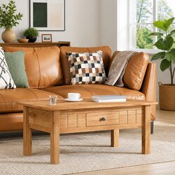 Brown Solid Pine Wood Coffee Table with Storage Drawer