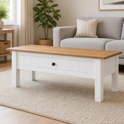 Solid Pine Wood Coffee Table with Storage Drawer in White