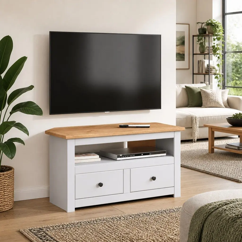 Corner TV Cabinet White Modern Living Room Storage Unit with Drawers