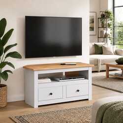 Corner TV Cabinet with Drawers in White Finish