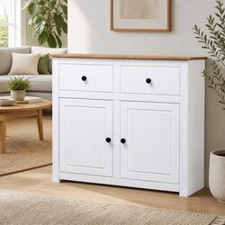 Solid Pinewood Sideboard in White - 2 Drawers, 2 Doors
