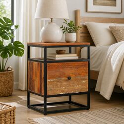 Solid Reclaimed Wood Nightstand 40x30x50cm with Steel Frame