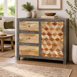 Solid Mango Wood Sideboard with 1 Door and 3 Drawers