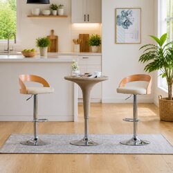 2-Piece Bar Stool Set in Cream Faux Leather and Bentwood Frame