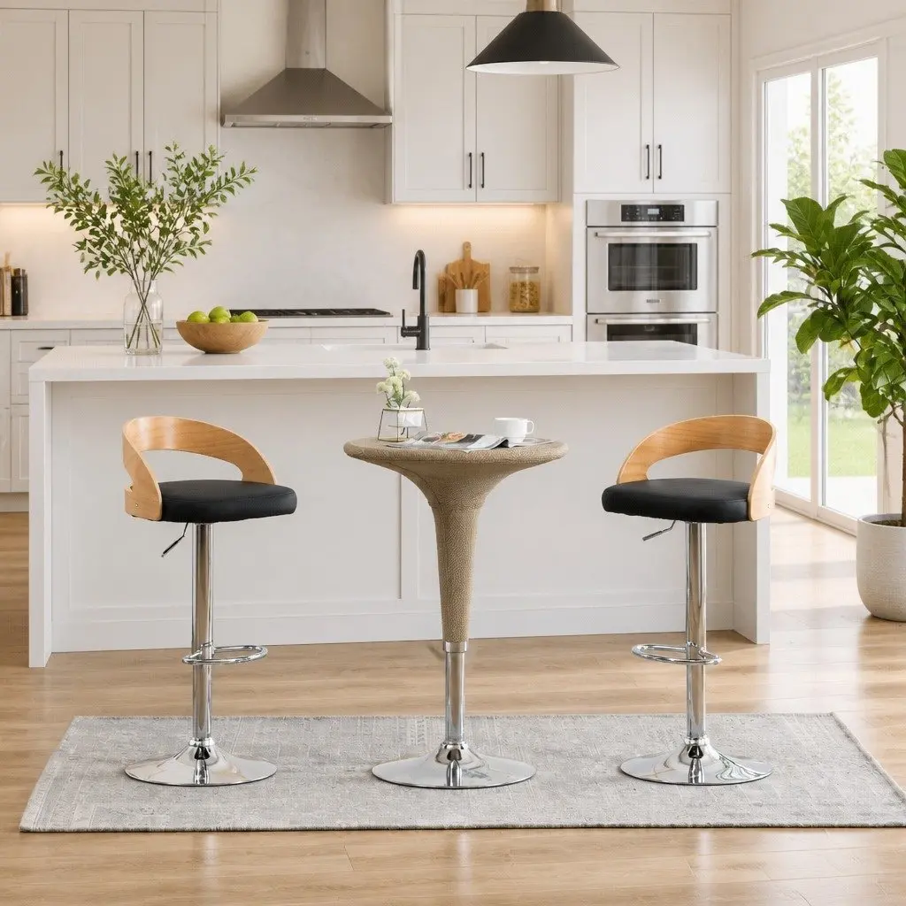 Bar Stools 2 pcs Black Faux Leather Bentwood Frame Gas Lift Height Adjustable