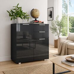 Storage Cabinet with 2 Drawers and 2 Doors in High Gloss Black