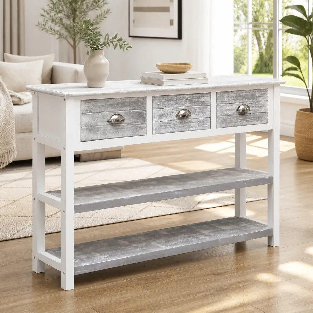 Grey Wooden Console Table with 3 Drawers and 2 Shelves 115cm Storage Sideboard