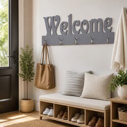 Coat Rack with Welcome Lettering, Grey MDF Construction