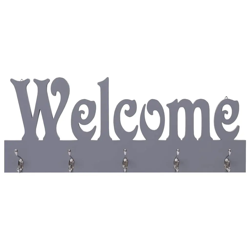 Wall Mounted Coat Rack with Welcome Lettering Grey Hanging Storage 5 Hooks