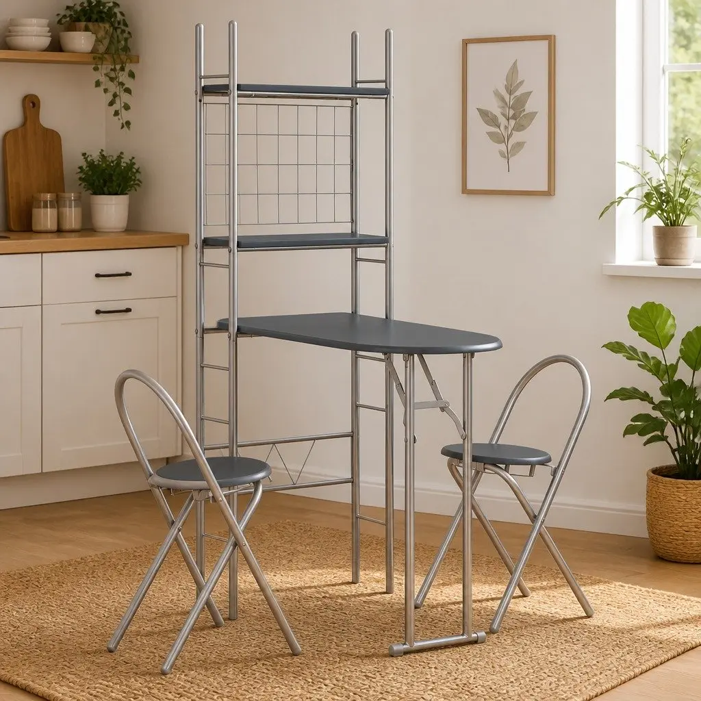 Folding Dining Set with Storage Rack Compact Black 3 Piece