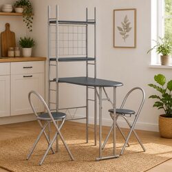 3 Piece Folding Dining Set with Steel Frame and Storage Rack