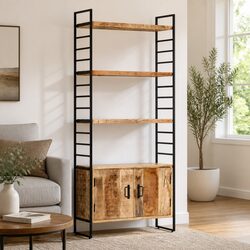 4-Tier Bookcase with Iron Frame and Mango Wood Shelves