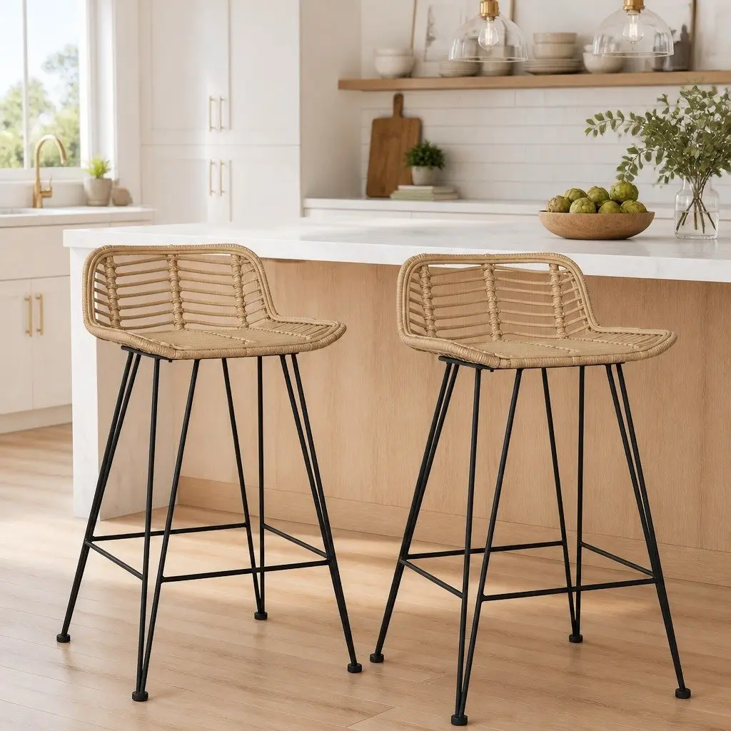 Bar Stools Rustic Comfort Natural Rattan Seating Backrest Brown 2 Piece