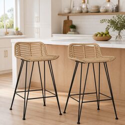 2 pcs Bar Stools with Rattan Seating and Metal Legs