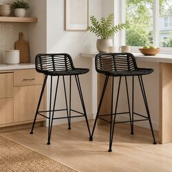 Black Rattan Bar Stools Set of 2 for Kitchen Use