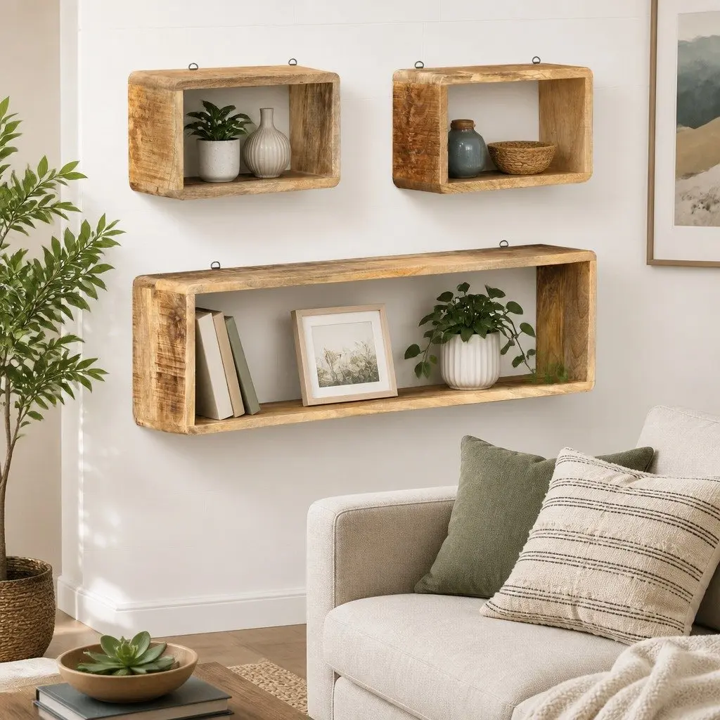 3 Piece Wall Shelf Set Floating Brown Solid Mango Wood Storage Display Cube
