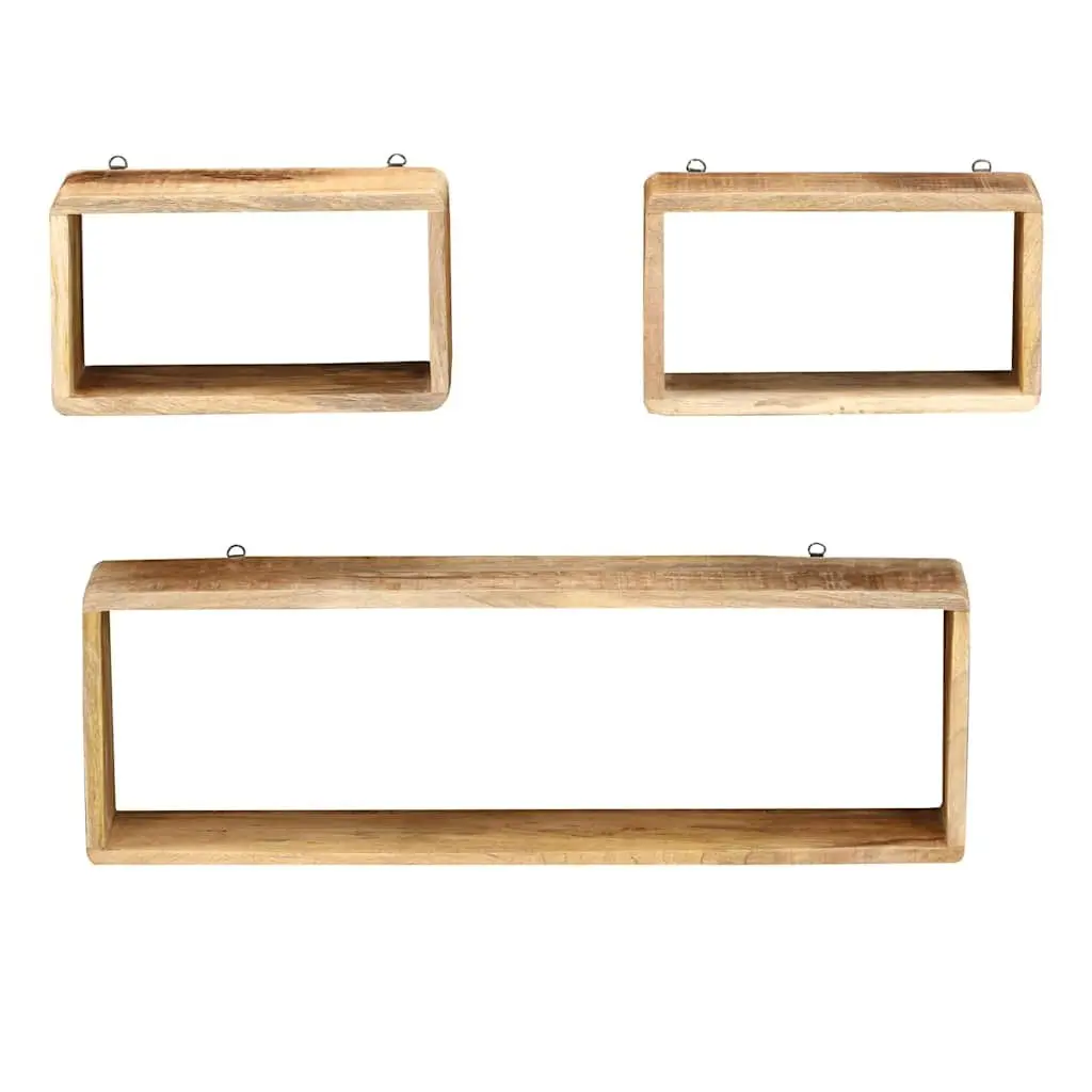3 Piece Wall Shelf Set Floating Brown Solid Mango Wood Storage Display Cube