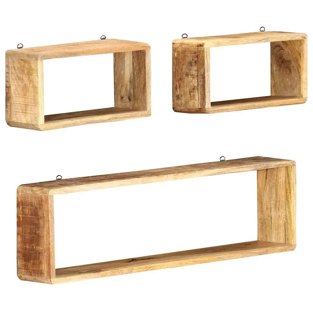 3 Piece Wall Shelf Set Floating Brown Solid Mango Wood Storage Display Cube