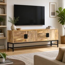 Brown Solid Mango Wood TV Cabinet with Steel Legs