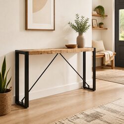 Solid Mango Wood Console Table with Industrial Steel Base
