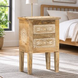Solid Mango Wood Nightstand 40x30x60cm with Hand-Painted Front