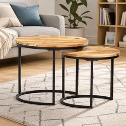 Set of 2 Solid Acacia Wood Nesting Side Tables