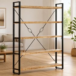 5-Tier Bookcase with Steel Frame and Mango Wood Shelves
