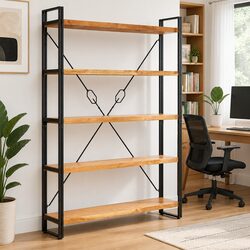 5-Tier Bookcase in Solid Acacia Wood and Steel Frame 140x30x180cm