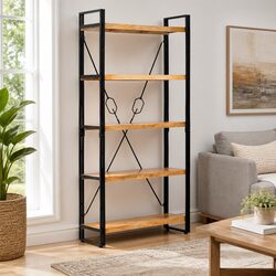 5-Tier Industrial Bookcase 90x30x180cm Solid Acacia Shelves