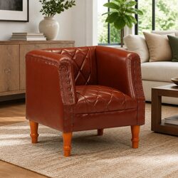 Brown Goat Leather Tub Chair with Solid Mango Wood Legs