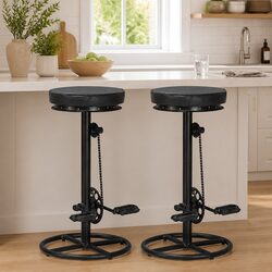 Set of 2 Industrial Bar Stools in Black Leather