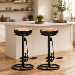 Set of 2 Bar Stools with Bicycle Pedal Footrests - Iron Frame